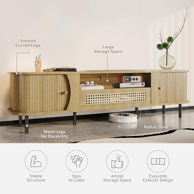 basenji 71" Fluted TV Stand with Sliding Doors & Rattan,Mid Century Modern Entertainment Center with Storage,Curved Edge Design,Media Console for TVs up to 85",TV Consoles for Living Room,Wood