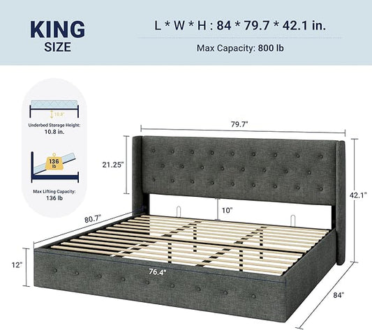 Allewie King Size Lift Up Storage Bed, Button Tufted Headboard with Wingback, Hydraulic Support, No Box Spring Needed, Dark Grey