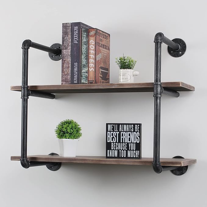 MBQQ Industrial Pipe Shelving Wall Mounted,30in Rustic Metal Floating Shelves,Steampunk Real Wood Book Shelves,Wall Shelf Unit Bookshelf Hanging Wall Shelves,Farmhouse Kitchen Bar Shelving(2 Tier)