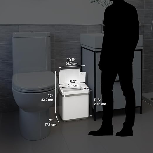 iTouchless 2.5 Gallon Bathroom Trash Can with Odor Control, 10 L Automatic Motion Sensor Bin, Soft-Close Stainless Steel, Slim Wastebasket for Narrow Spaces, White
