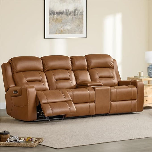 Watson & Whitely Genuine Leather Power Recliner Sofa, Lay Flat Reclining Sofa with Storage Console, Power Headrest & Cup Holders, 3 Seater Electric Reclining Couch for Living Room, Saddle Brown