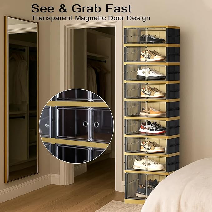 Portable Shoe Rack Organizer 9 Tiers 18 Pairs Collapsible Shoe Cabinet Foldable Shoe Storage Boxes Magnetic Doors, Folding Sneaker Organizer, Easy Assembly Shoe Shelf for Closet, Black Gold