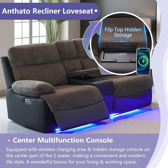 Power Recliner Loveseat Sofa with LED, Living Room Furniture Sets, Corduroy & Breathing Leather Recliner Couch, Premium Fabric Reclining Loveseat with Storage/Charging for Home/Office, Brown