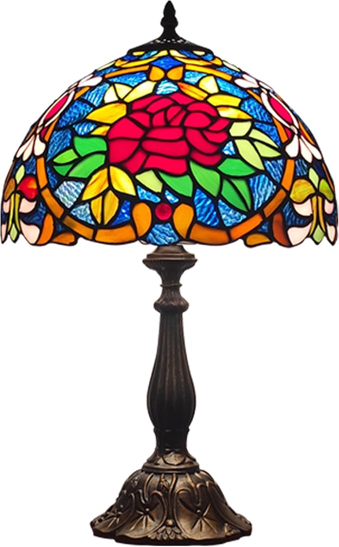 Tiffany 3-Color Stained Glass Lamp - Vintage Beside Reading Lamp, 12 inch Living Room Light, Flowers Style Antique Nightstand Light (Red Roses Heart)
