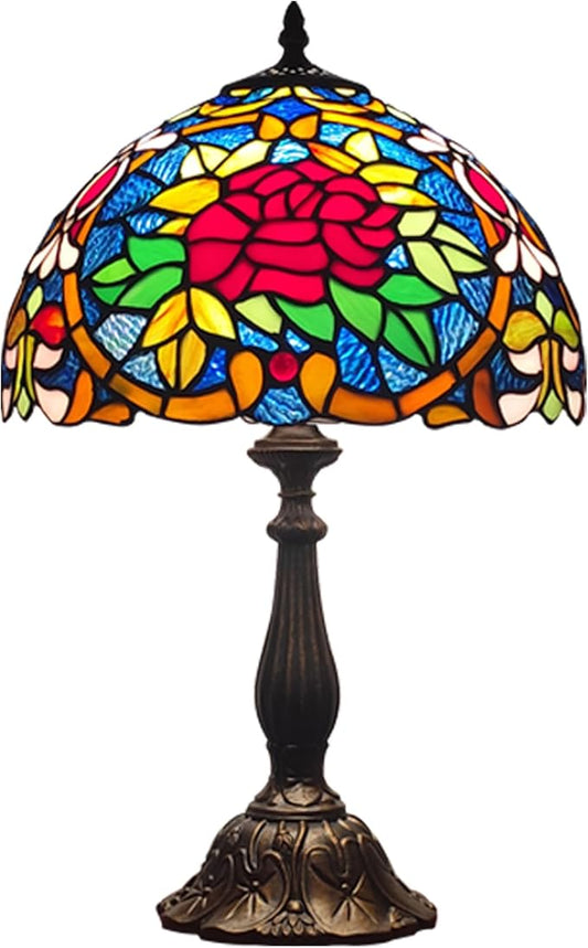 Tiffany 3-Color Stained Glass Lamp - Vintage Beside Reading Lamp, 12 inch Living Room Light, Flowers Style Antique Nightstand Light (Red Roses Heart)