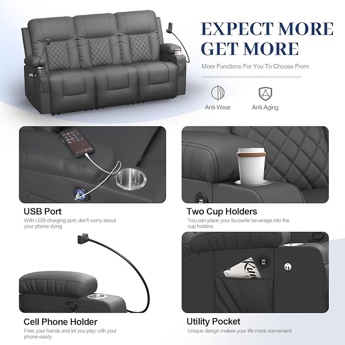 FURNIMAT Recliner Sofa Set with 3+1 Pieces in Living Room, 3 Seater Reclining Sofa, 1 Recliner Chair with 360 Degree Swivel Single Sofa Seat