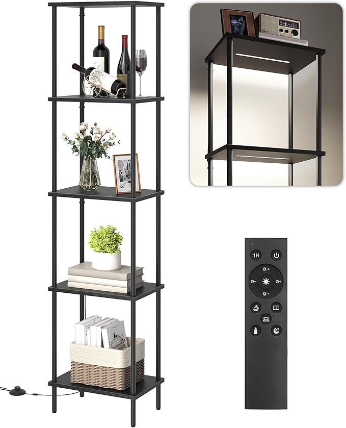 Display Shelf with Light, 5-Tier Shelf Lamp, Corner Floor Lamp with Shelves, Dimmable LED Floor Lamp for Living Room with Remote and Foot Control, 3CCT, Timer, Standing Lamp, Corner Bookshelf B52LD05
