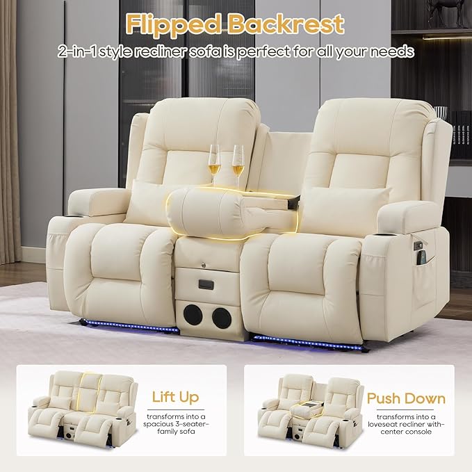 IPKIG Power Recliner Sofa with Flip-Up Backrest Console, USB & USB-C Ports, AC Outlet, LED Lights, Wall Hugger Recliners for Living Room, RV (Off Withe, 67" - 3 Seat) | Faux Leather, Zero Gravity, Dual Reclining, 2 Lumabr Pillow, Bluetooth Speakers