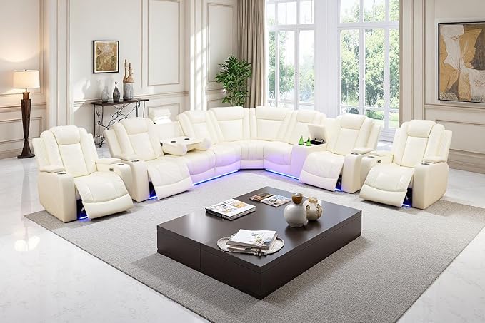 Power Recliner Sofa Sectional Couch with LED Light for Living Room, Cream White Leather Reclining Corner Sectional Sofa with 4 Recliner Seats,Cup Holder,Storage Console for House/Home