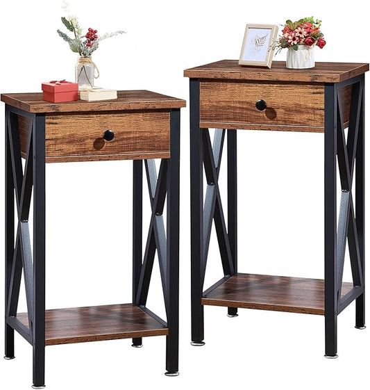 VECELO Tall Nightstand End Side Tables,27.6 Inch Night Stands with X-Side Frame and Drawer for Living Room Bedroom,Small Spaces, Brown (Set of 2)