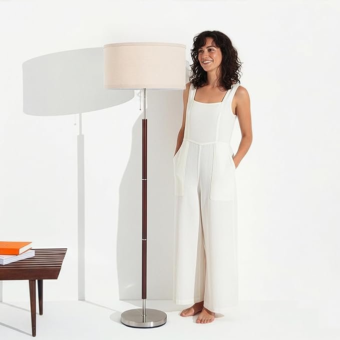 Brightech Carter LED Floor Lamp, Drum Shade with Walnut Wood Finish, Great Living Room Décor, Mid-Century Light for Living Rooms & Offices, Mid Century Modern Lamp for Bedroom