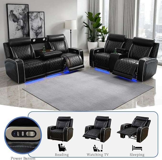 Power Recliner Sofa Set, 2PC Living Room Furniture Set with Cup Holders, Black Breathing Leather Reclining Sofa and Loveseat with LED Lights/Charging Ports/Storage Console for Living Room/Office