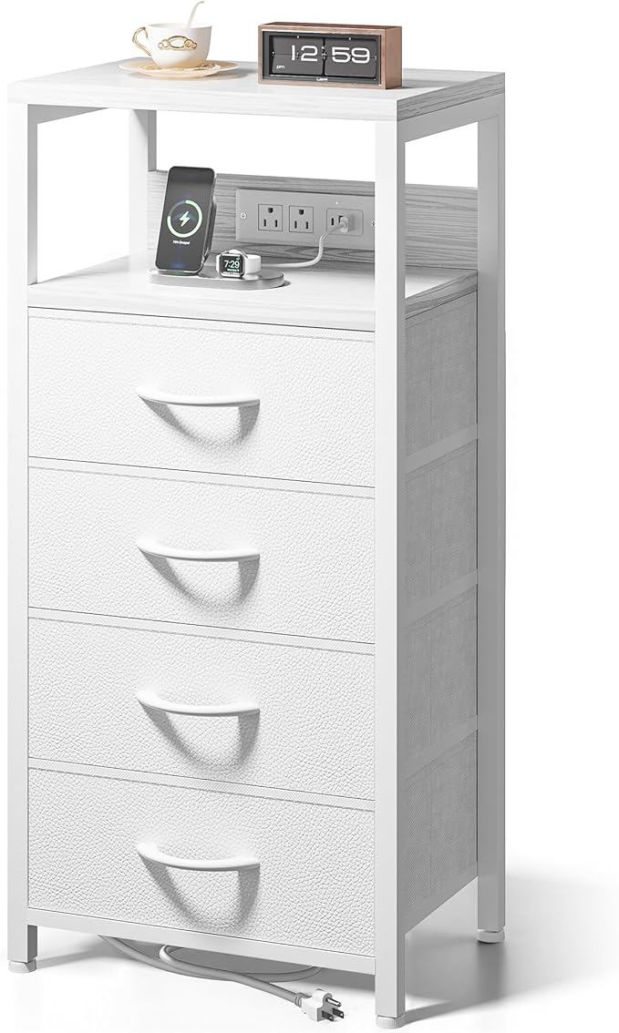 NightStand Bedside Charging Table Bedroom - Night Stand with Charger Station, Modern Bed Side Table with USB-C USB Ports & AC Outlets for Bedroom, Open Shelf & 4 Fabric Drawers, White
