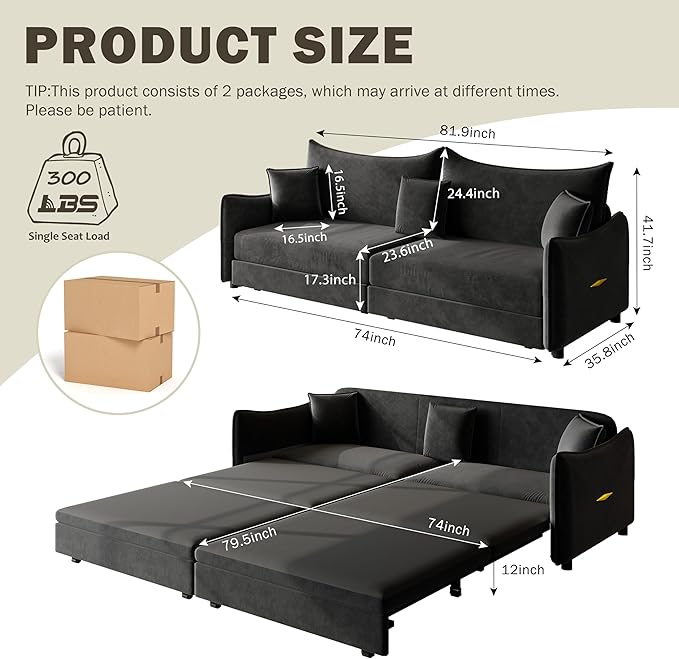 KEIKI 81.9" Sleeper Sofa, 3-in-1 Pull Out Couch Bed with Premium Velvet Upholstery, Perfect for Movie Nights, Overnight Guests, and Modern Home Decor