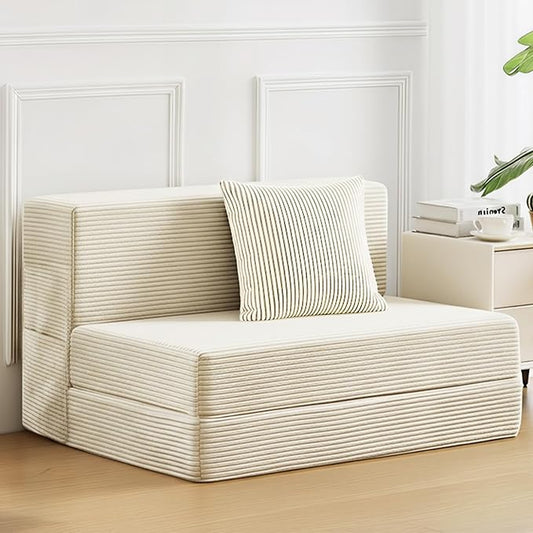 JKMAX Twin Size Folding Sofa Bed - 4 in 1 Convertible Sleeper Chair with Pillow - High Density Memory Foam Futon Couch - Foldable Bed for Living Room Bedroom (Beige)