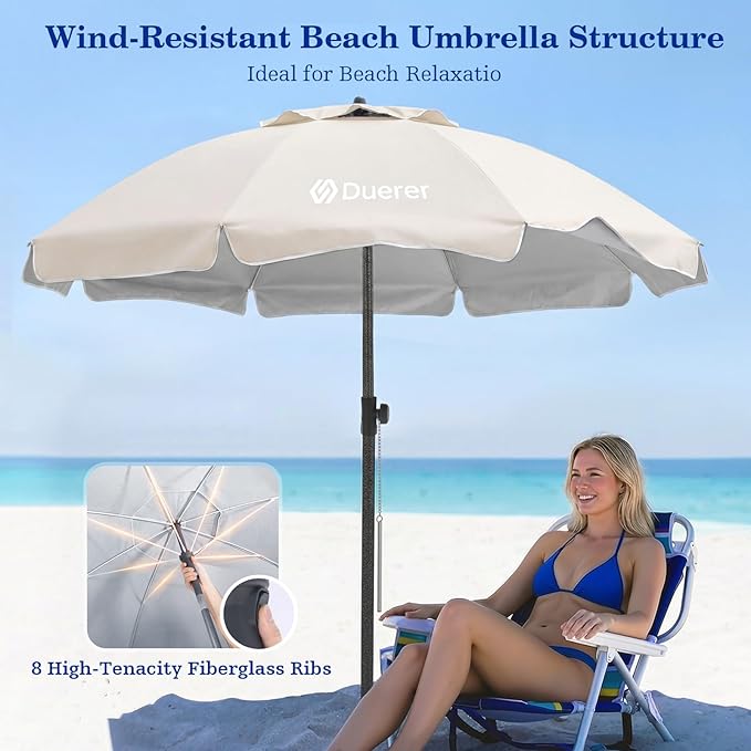 Duerer 7.5FT Beach Umbrella with Sand Anchor–Heavy Duty Windproof UPF 50+ Sun Shade, Portable Travel Beach Umbrella with Tilt & Carry Bag for Beach, Sand, Garden, Patio, Pool (Beige)