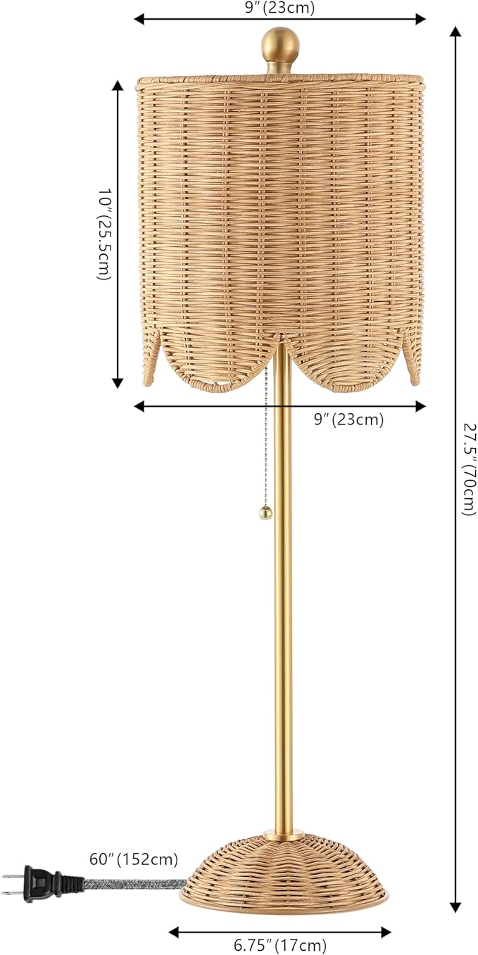 JONATHAN Y 27.5" Brass Gold Coastal Buffet Table Lamp Set of 2 for Bedroom, Boho Table Lamps with Natural Rattan Scalloped Shade, Pull Chain, LED Bulbs Included JYL1138A-SET2