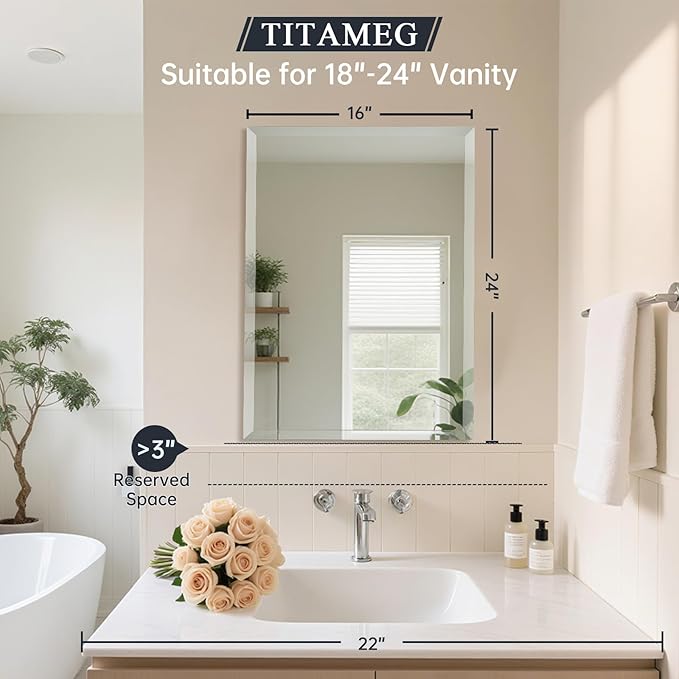 16x24 Inch Frameless Wall Mirror with 1" Beveled Edge, Frameless Rectangle Mirror for Bathroom, Vanity, Living Room