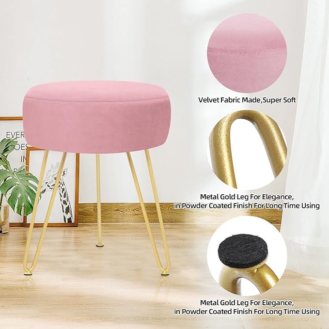 Velvet Soft Modern Vanity Stool -Round Footrest Stool Ottoman Side Table Seat Dressing with Golden Metal Leg and Sponge Filling,Upholstered Foot Rest, for Living Room and Bedroom Pink