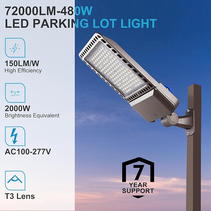 2Pack 480W(486x1W LED) LED Parking Lot Lights 72000Lm 5000K ETL Listed Led Parking Lot Lighting with Smart Photocell & Arm Mount for Driveway/Yard(Coverage: 66~130Ft at Height:30~60Ft)