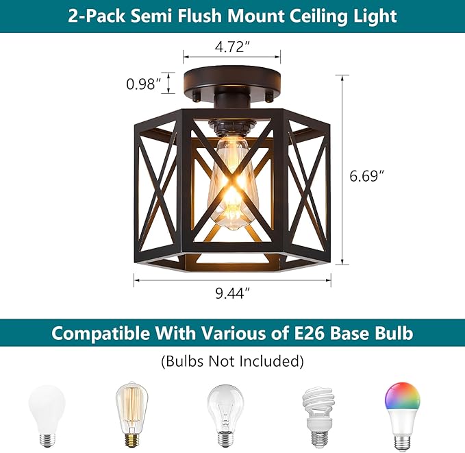 2 Pack Farmhouse Semi Flush Mount Ceiling Light, Industrial Black Hallway Light Fixture, Small Metal Cage Close to Ceiling Lights for Kitchen Sink Porch Bedroom
