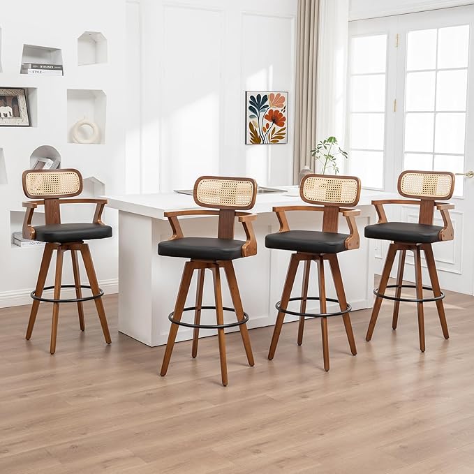 Swivel Bar Stools Set of - 30 inch Mid Century Bar Stools with Walnut Craftsmanship, Curved Rattan Back, Upholstered Seat, Bar Height BarStools for Kitchen/Pub/Island/Cafe (30" Seat Height, Black)