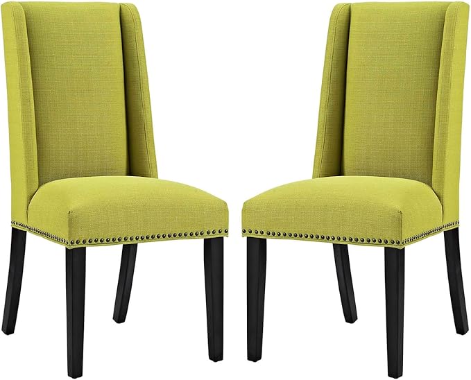Modway Baron Modern Tall Back Wood Upholstered Fabric Parsons Two Kitchen and Dining Room Chairs with Nailhead Trim in Wheatgrass