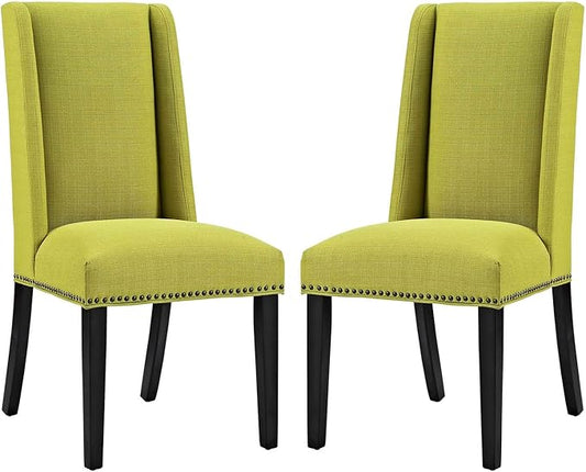 Modway Baron Modern Tall Back Wood Upholstered Fabric Parsons Two Kitchen and Dining Room Chairs with Nailhead Trim in Wheatgrass