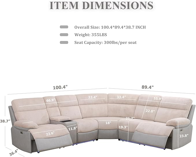 Power Recliner Sectional Sofa, Beige & Grey Plush Sofa, Sectional Couch with Storage Console, Reclining Living Room Sofa with USB/LED Lights