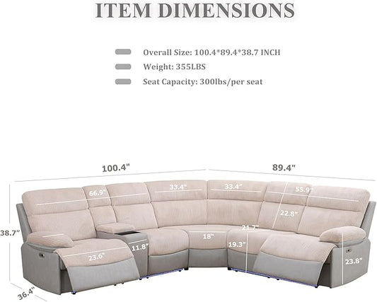 Power Recliner Sectional Sofa, Beige & Grey Plush Sofa, Sectional Couch with Storage Console, Reclining Living Room Sofa with USB/LED Lights