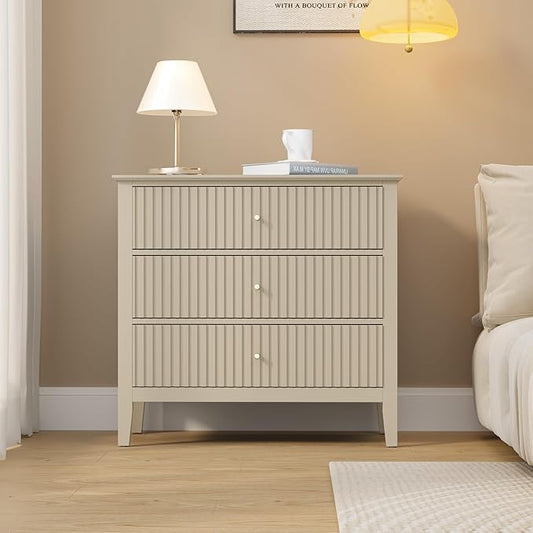 Large Beige 3 Drawer Dresser, Painted 30 Inch Tall Wood Nightstand with Storage, Wide Modern Chest of Drawers with Ball Bearing Slide for Bedroom Hallway Living Room Entryway Office