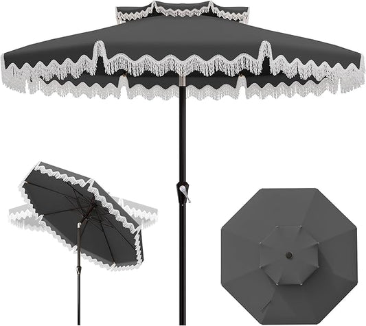 AreShark 9FT Patio Umbrella with Fringe, Wind-Resistant Fiberglass 8 Ribs Tassel Outdoor Umbrella with Crank and Push Button Tilt, Double Tier Vent Sun Shade for Pool, Deck, Backyard, Gray