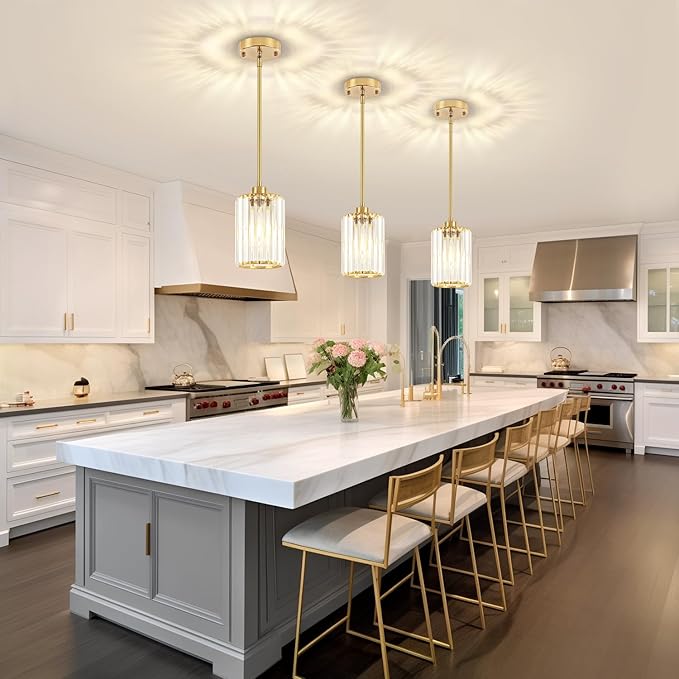 2 Pack Pendant Lights Kitchen Island, Modern Brushed Gold Pendant Light Fixtures, Kitchen Hanging Lights Mini Chandelier Crystal Pendant Lighting for Island Dining Room Hallway Bedroom