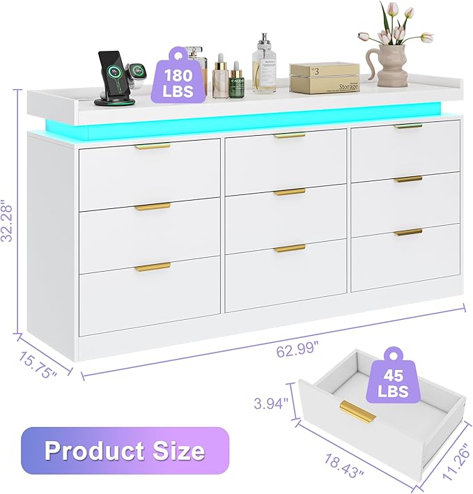 9 Drawer Dressers for Bedroom, White Dresser with LED Light and Power Outlet, Modern Large Dresser & Chests of Drawers, Wood Triple Wide Dressers for Bedroom, Entryway, Hallway