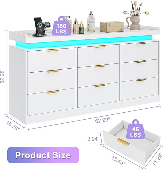 9 Drawer Dressers for Bedroom, White Dresser with LED Light and Power Outlet, Modern Large Dresser & Chests of Drawers, Wood Triple Wide Dressers for Bedroom, Entryway, Hallway