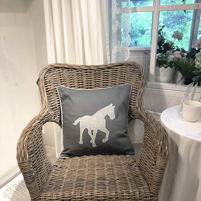 Horse Pillow Case Decorative Cotton Linen Embroidered Cushions Covers 18x18 Inches (Grey) …