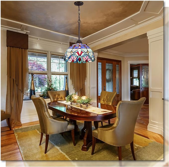 Capulina Tiffany Lamp Stained Glass Pendant Lights 12 Inches Wide Traditional Handicrafts Antique Victorian Tiffany Style Hanging Lamp for Kitchen Island Dining Room Hallway