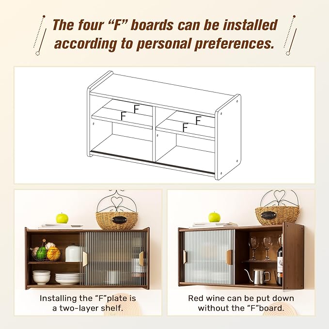 HollyHOME Small Bamboo Wall Mounted Kitchen Pantry Sideboard with 2 Doors and Adjustable Shelves, Coffee Wine Bar Storage Cabinet for Liquor and Glasses, Dining Cupboard for Bottle, Dish, Walnut
