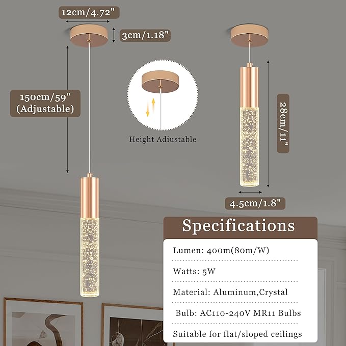 3-Pack Modern Crystal Pendant Light for Kitchen Island, Elegant Gold LED Bubble Hanging Chandelier Lighting Fixture for Dining Room Bedside