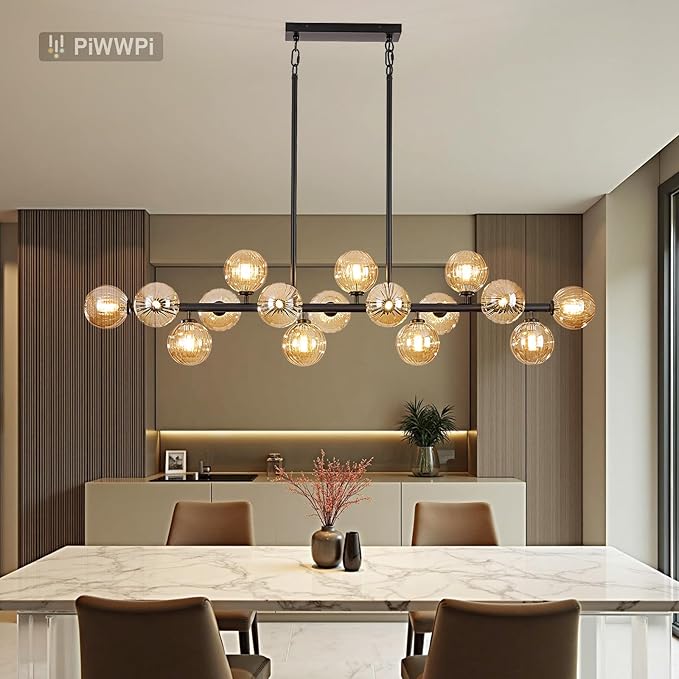 Large Linear Chandeliers for Dining Room Kitchen Island, 55" Long Light Fixture Over Table, 16-Light Modern Globe Sputnik Farmhouse Chandelier, Black and Amber Bubble, GC-08