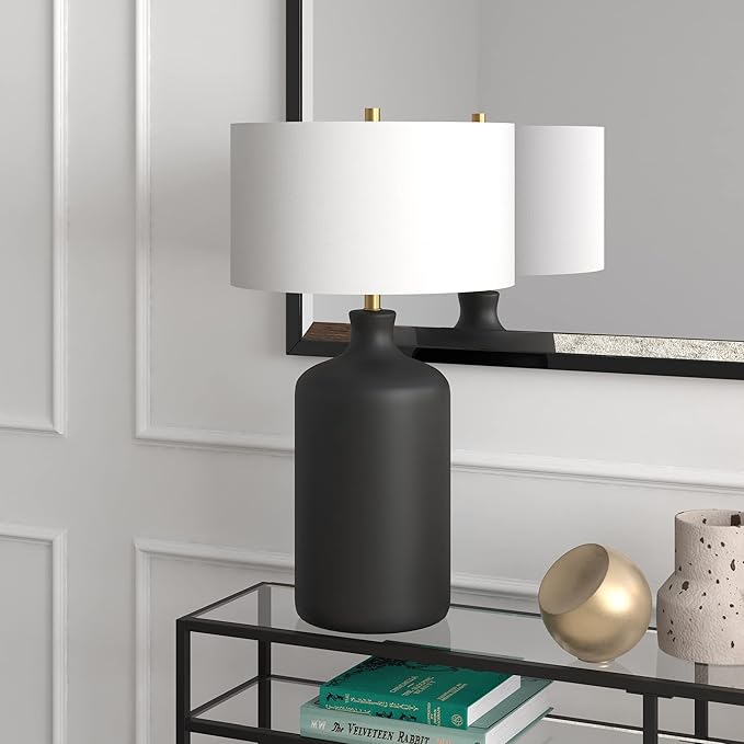 Henn&Hart 29" Transitional 1-Light Table Lamp with White Fabric Drum Shade for Living Room, Bedroom, or Office, Flat Black