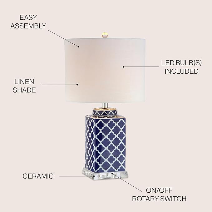 JONATHAN Y 23" Blue/White Chinoiserie Ceramic LED Table Lamp, Hand-Painted Trellis Ginger Jar Design for Living Room Bedroom, White Linen Drum Shade, LED Bulb Included JYL3011A