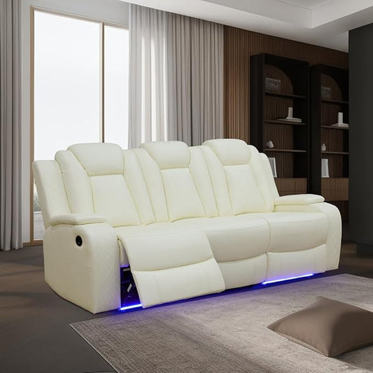 Power Leather Recliner Sofa with LED Light,84" Double Reclining Couch with Drop Down Table/USB Port/Storage Armrest,3 Seater Leather Couch for Living Room Furniture(White,3 Seater Sofa)