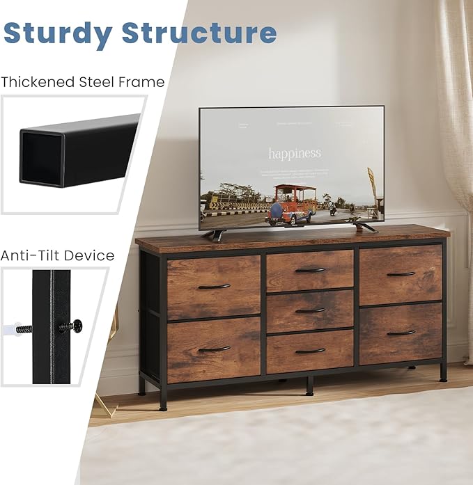 DUMOS TV Stand 7 Drawer Dresser for Bedroom with Storage TV Stands for Living Room Grey, Farmhouse Entertainment Center Media Console Table with Metal Frame Adjustable Feet