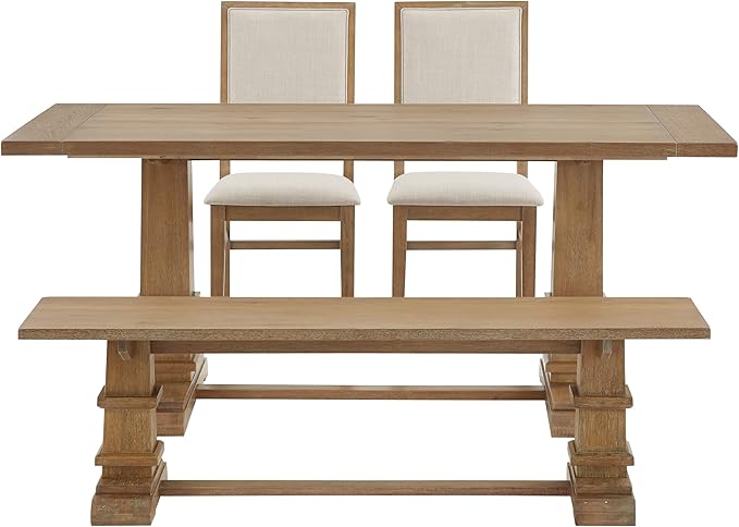 Crosley Furniture Joanna 4-Piece Modern Farmhouse Dining Table Set for 5 with 2 Upholstered Chairs and a Wood Bench, Rustic Brown/Creme