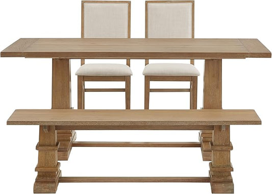Crosley Furniture Joanna 4-Piece Modern Farmhouse Dining Table Set for 5 with 2 Upholstered Chairs and a Wood Bench, Rustic Brown/Creme