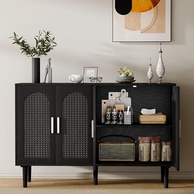 Sideboard Buffet Cabinet with Storage, Retro Rattan Storage Cabinet Kitchen Sideboard Buffet with Artistic Carved Handle for Dining Room Living Room, (Black)