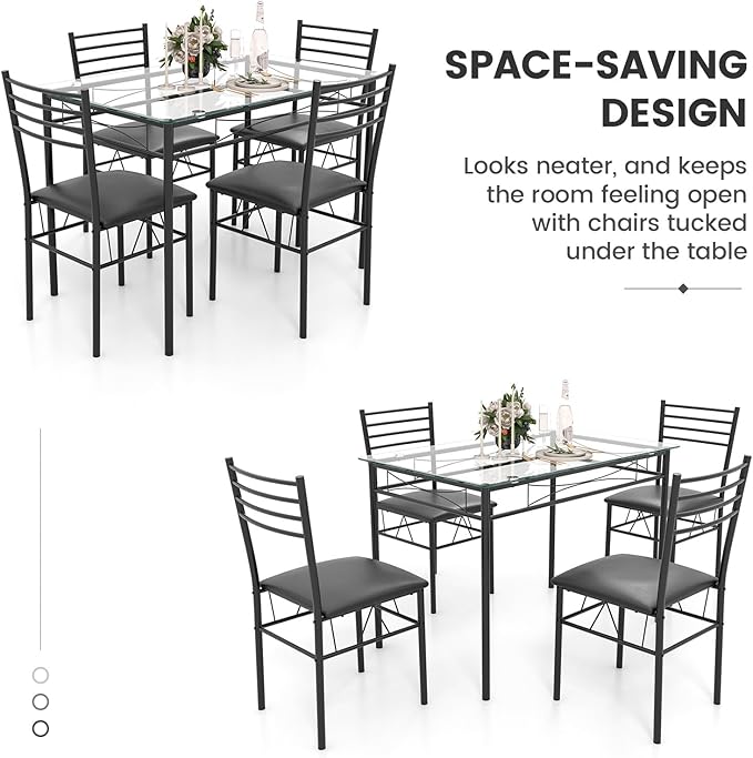 NAFORT 5-Piece Dining Table Set for 4, Modern 3/8'' Tempered Glass Kitchen Room Table with 4 Upholstered Dining Chairs, Space-Saving Dinette Tables with Metal Frame for Apartment, Office