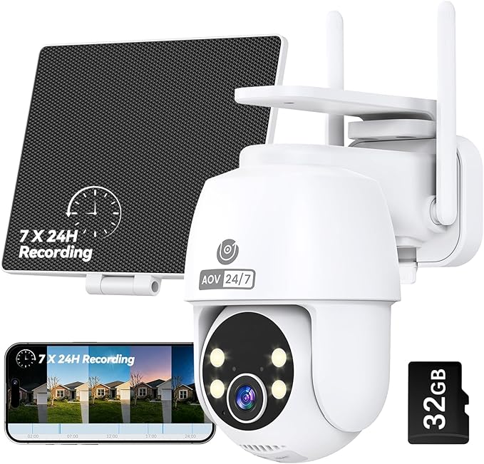 MUBVIEW 24/7 Continuous Recording Wireless Outdoor Security Camera, 2.4G WiFi, 2K Solar Powered, 360° PTZ, Auto Tracking, SD Included, Optional Cloud Storage, AI Detection, Night Vision(White,1 Pack)