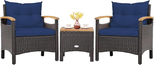 Tangkula 3-Piece Patio Furniture Set, Patiojoy Outdoor Rattan Sofa Set with Coffee Table, Patio Conversation Set with Removable Cushion, Cozy Acacia Wood Armrests for Backyard, Poolside (Navy)